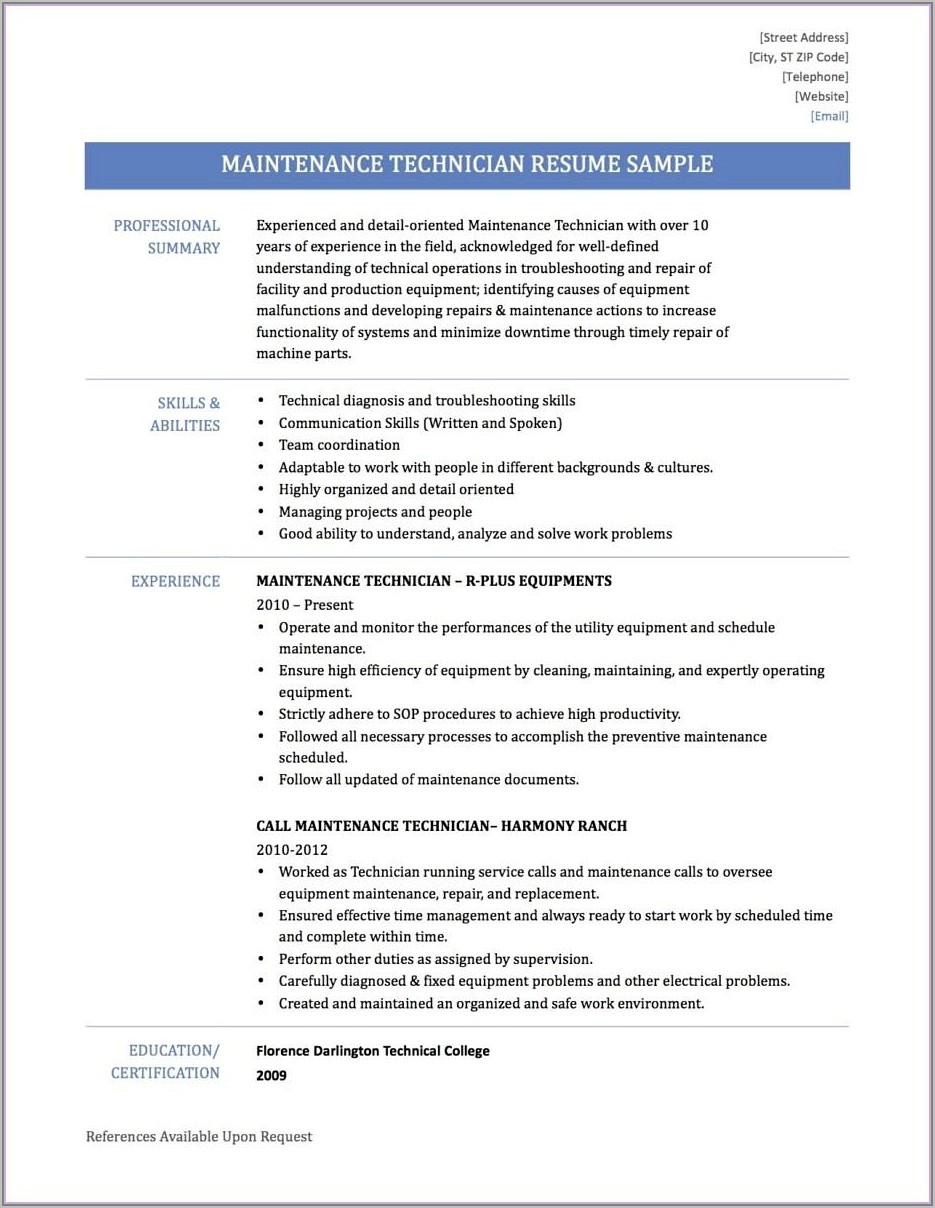 Sample Resume For Maintenance Position