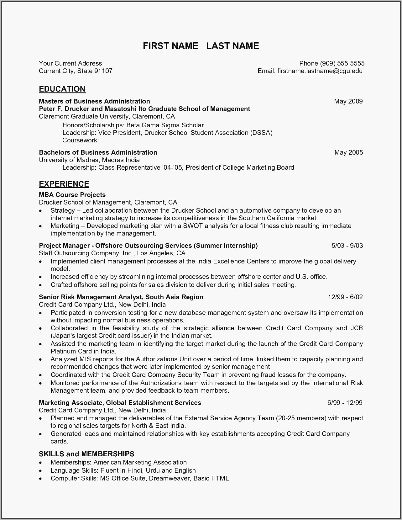 Sample Resume For Mba Freshers Pdf