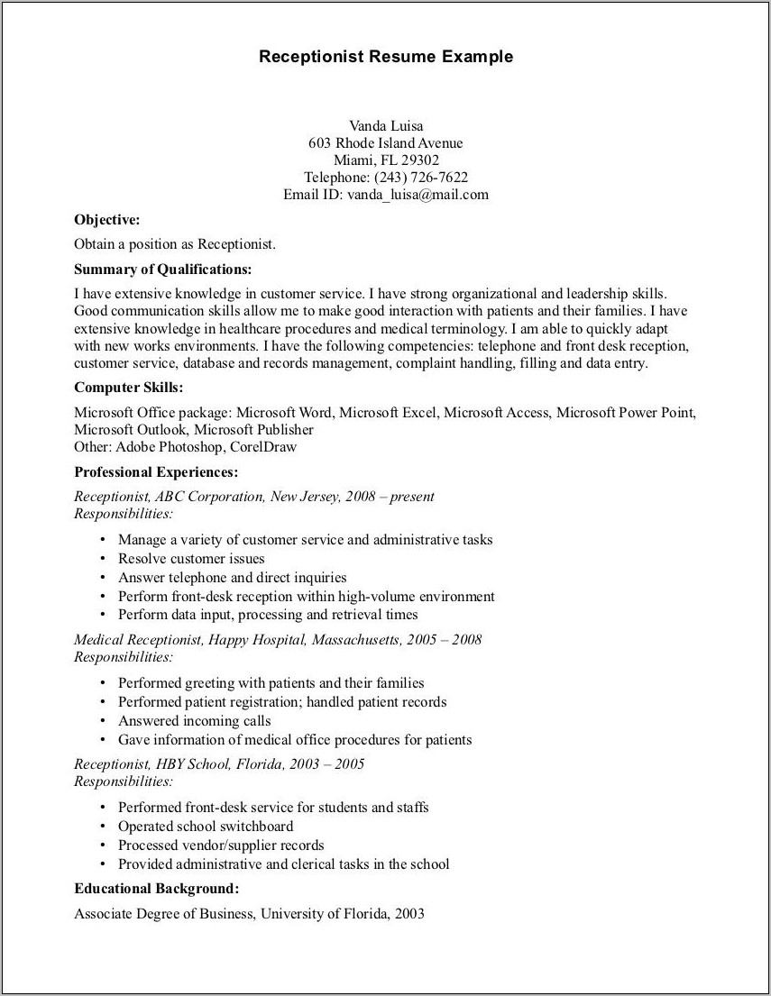 Sample Resume For Medical Assistant Receptionist