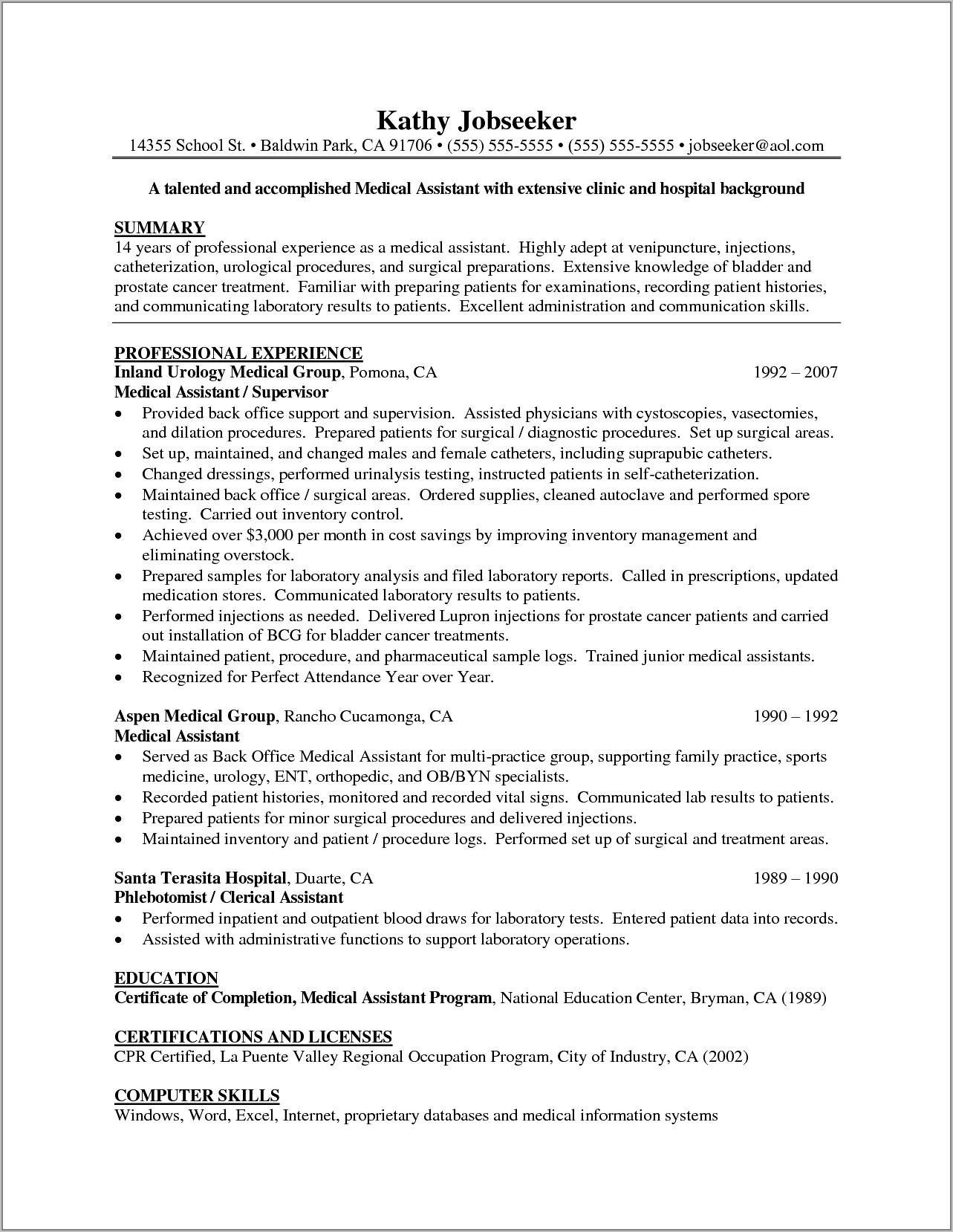 Sample Resume For Medical Assistants