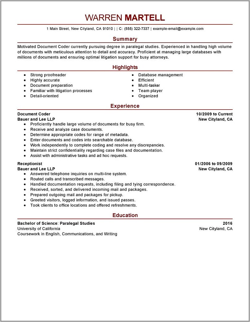 Sample Resume For Medical Coding Specialist