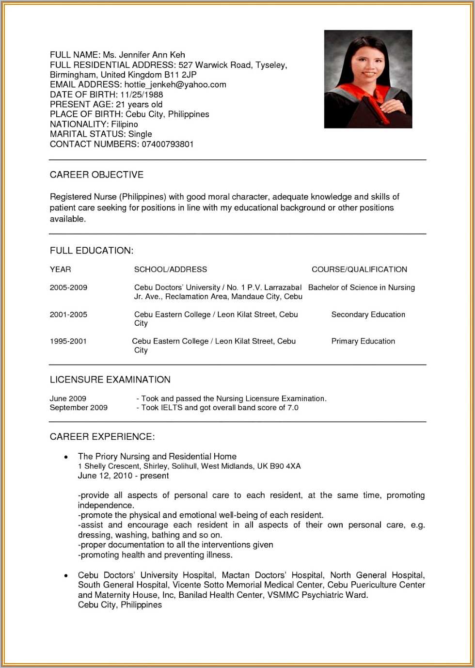 Sample Resume For Nurses In The Philippines