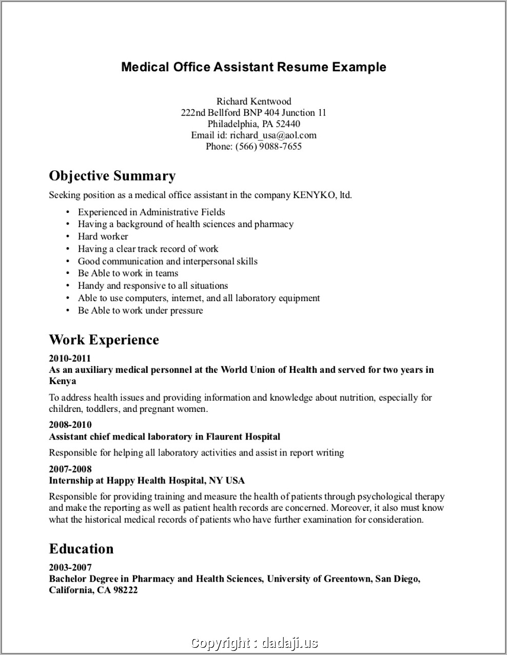 Sample Resume For Office Admin