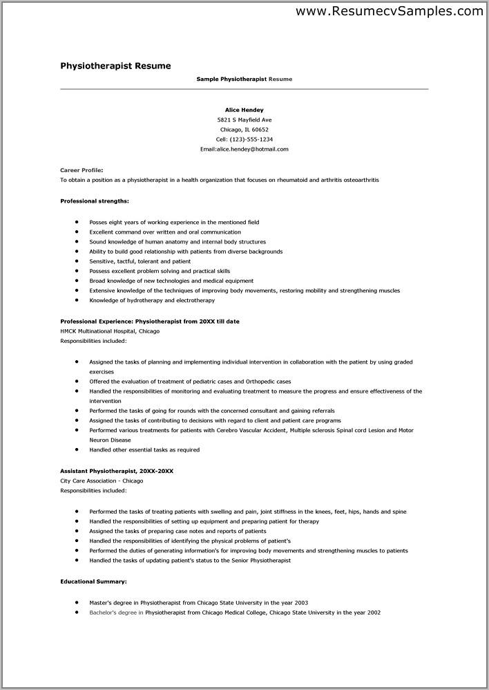 Sample Resume For Physiotherapy Jobs