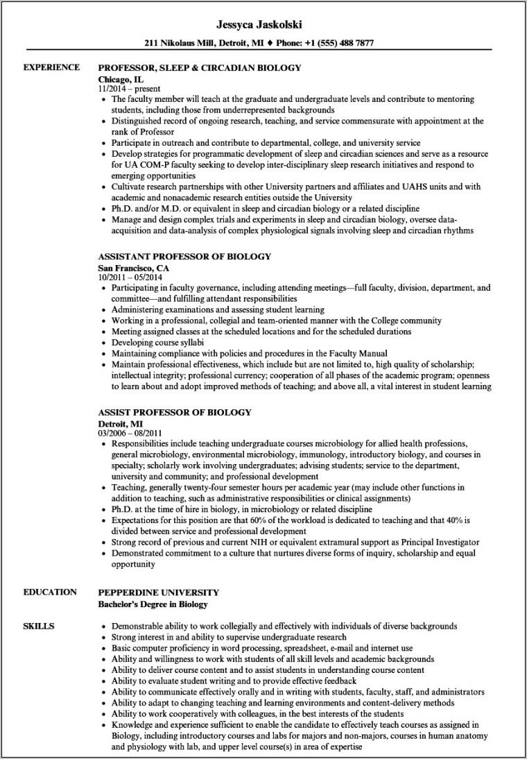 Sample Resume For Professor Position