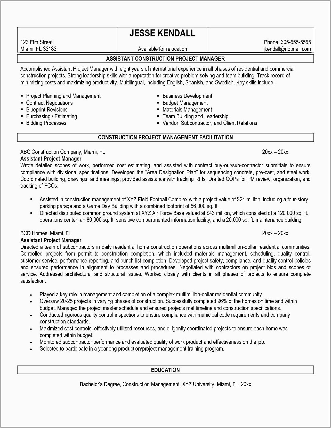 Sample Resume For Project Manager Civil