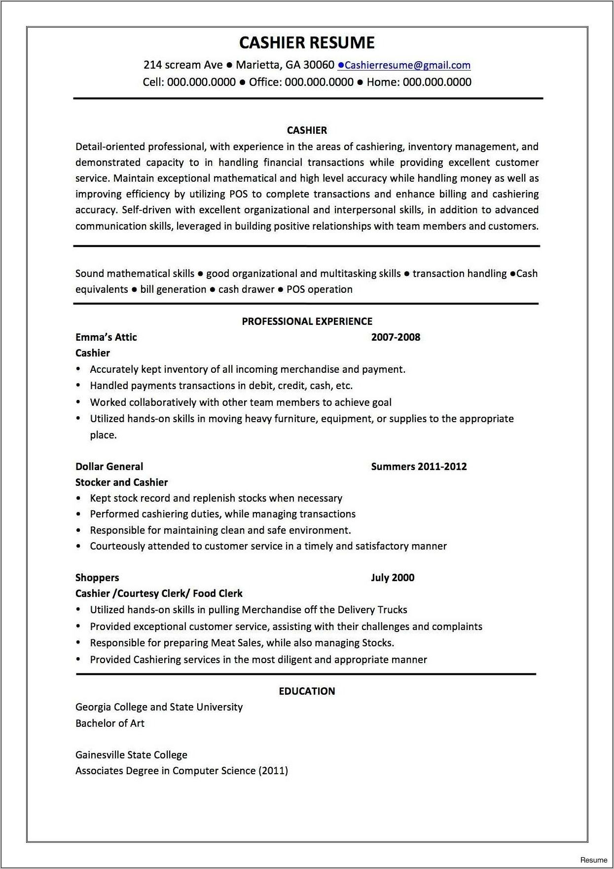 Sample Resume For Restaurant Cashier Position