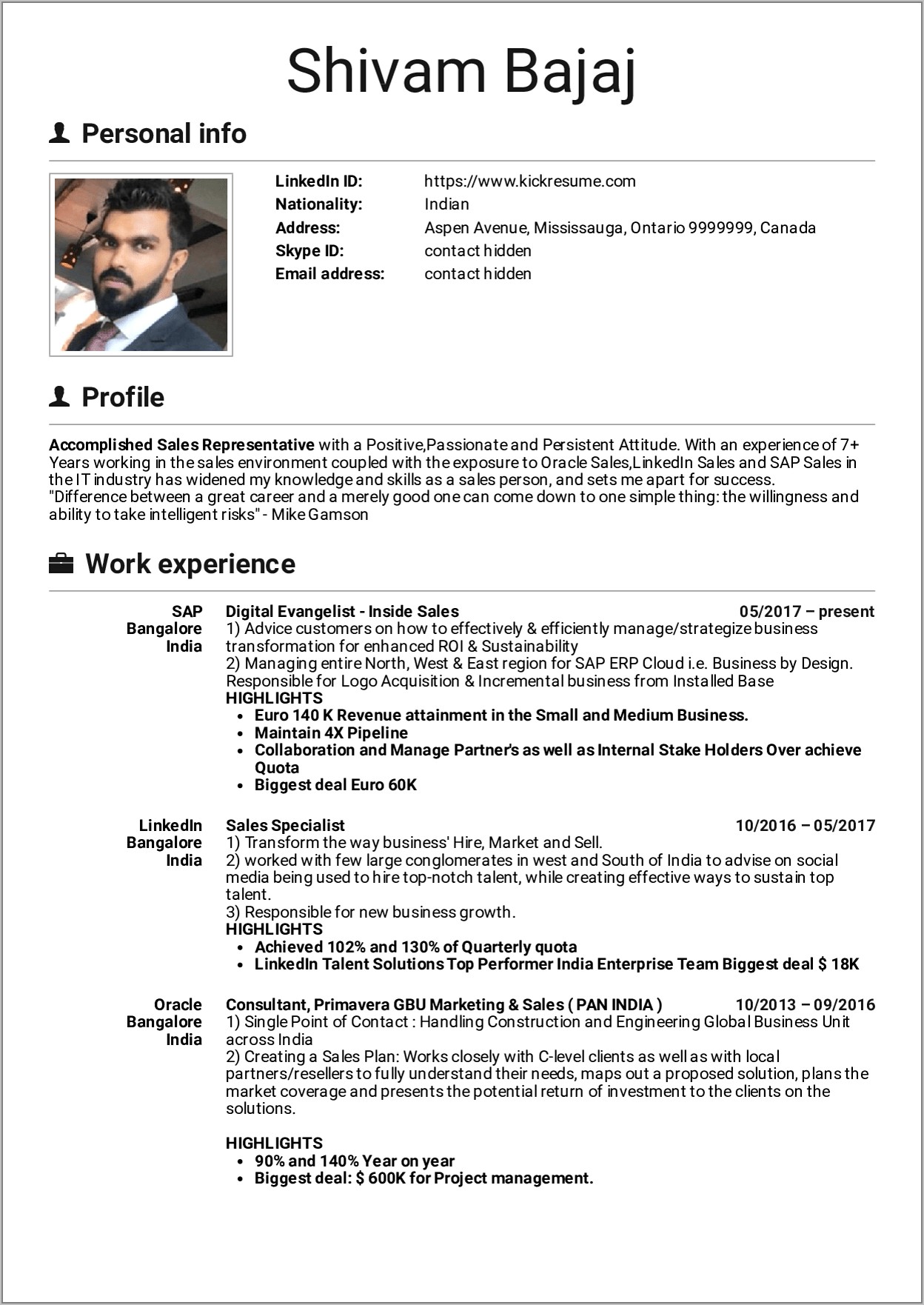 Sample Resume For Sales Manager In India