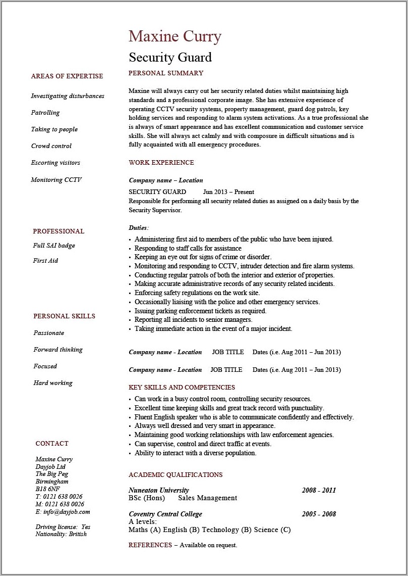 Sample Resume For Security Guard Entry Level