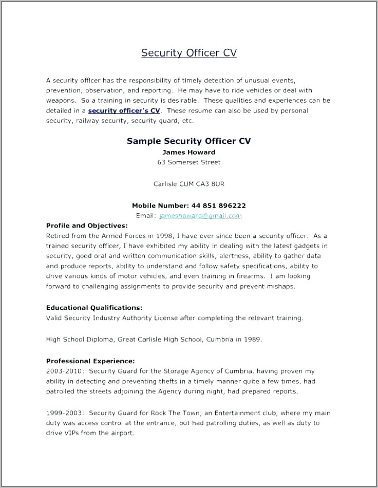 Sample Resume For Security Guard Job