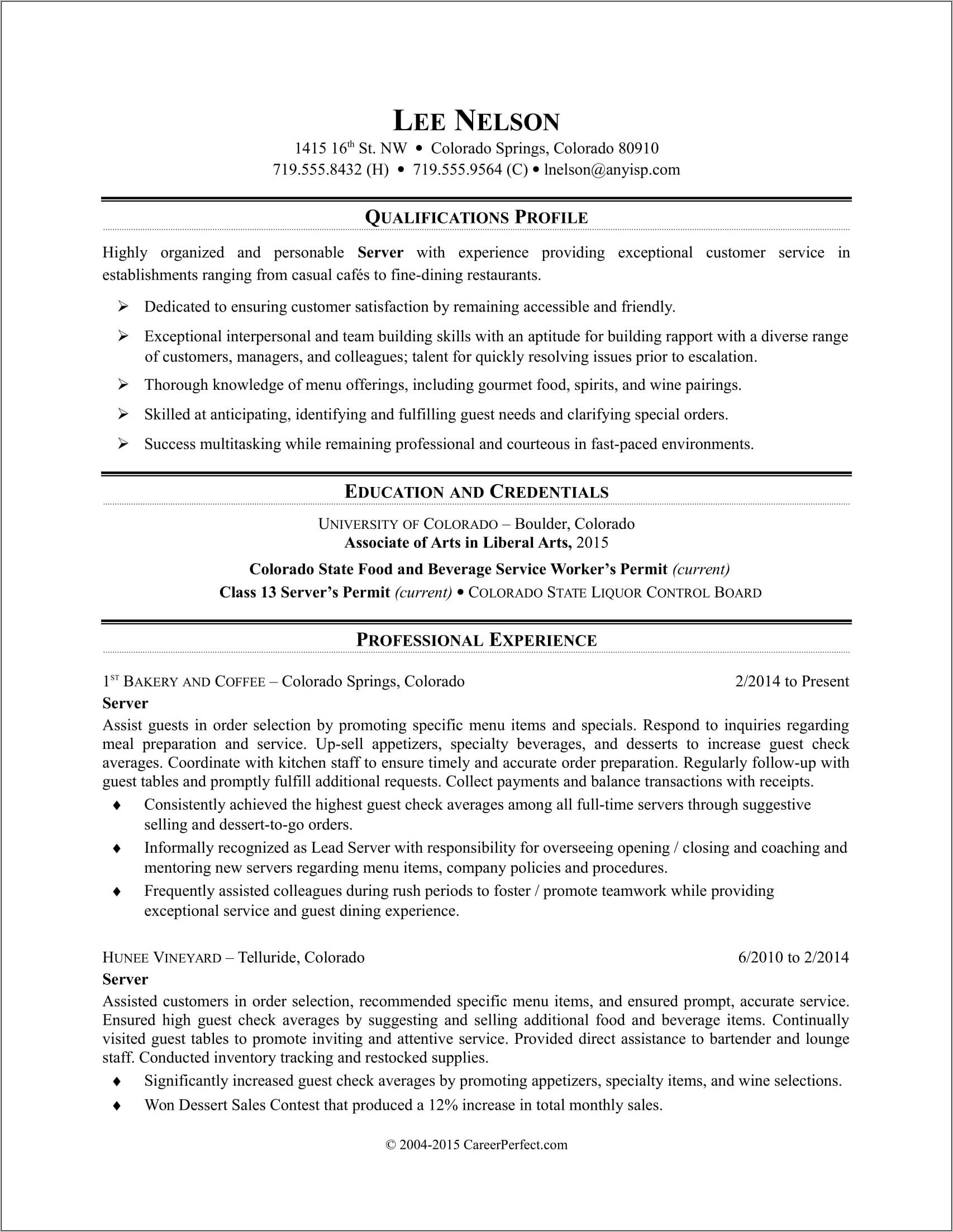 Sample Resume For Serving Position