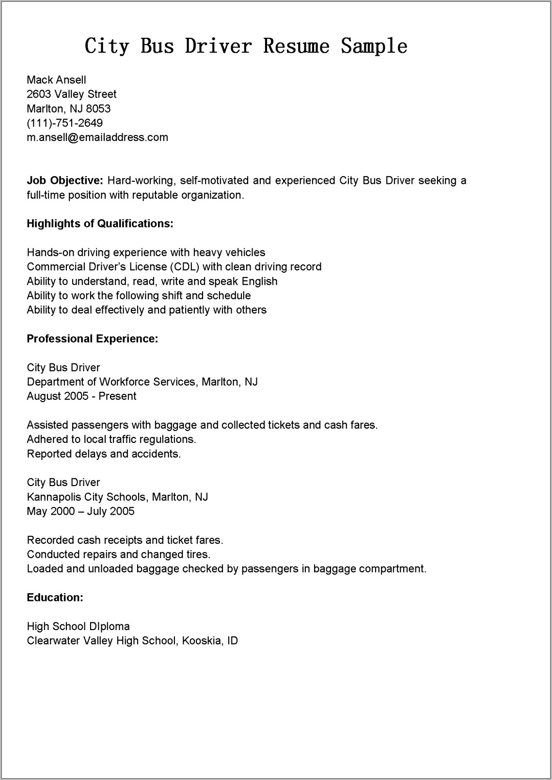 Sample Resume For Tow Truck Driver