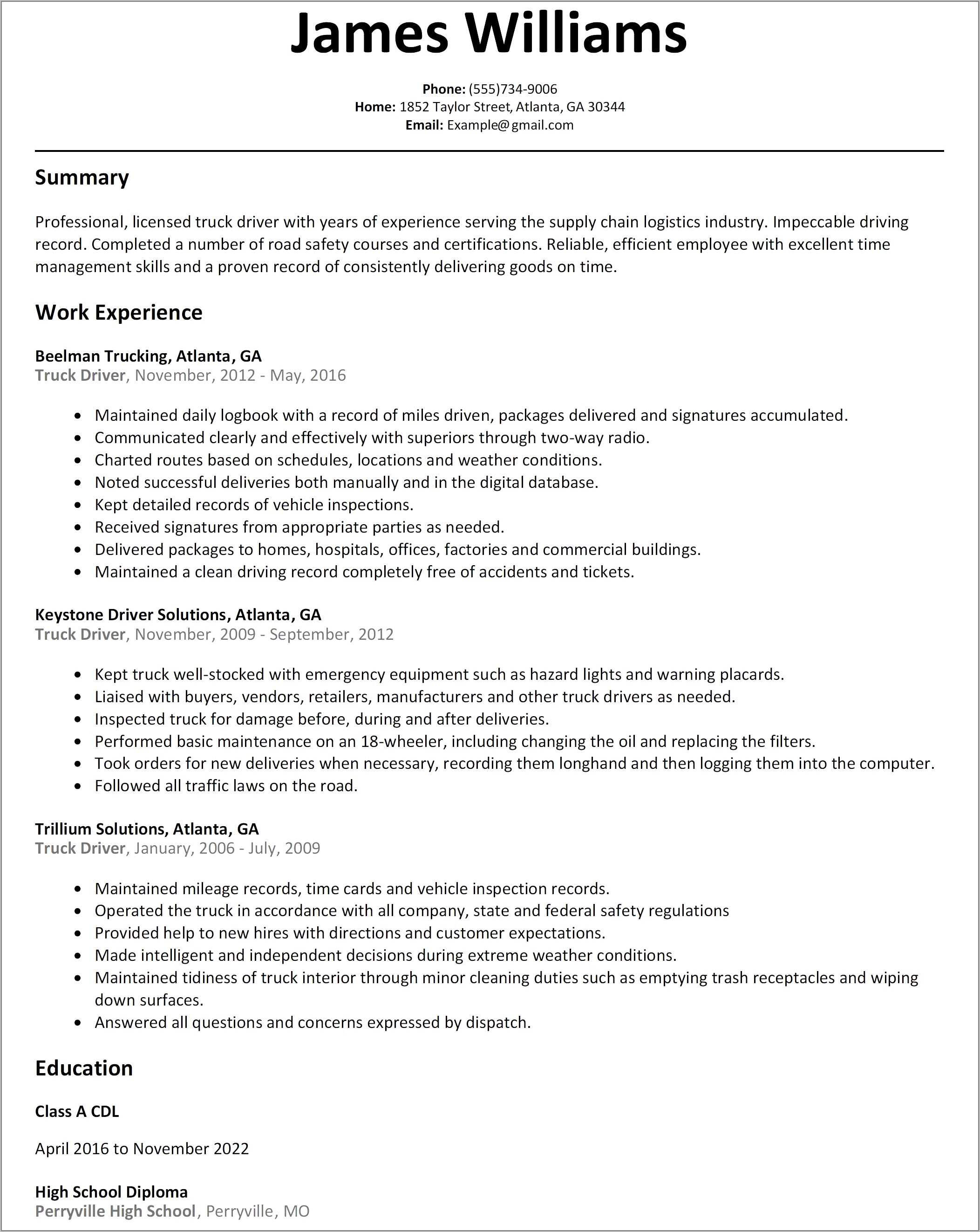 Sample Resume For Truck Driver Australia