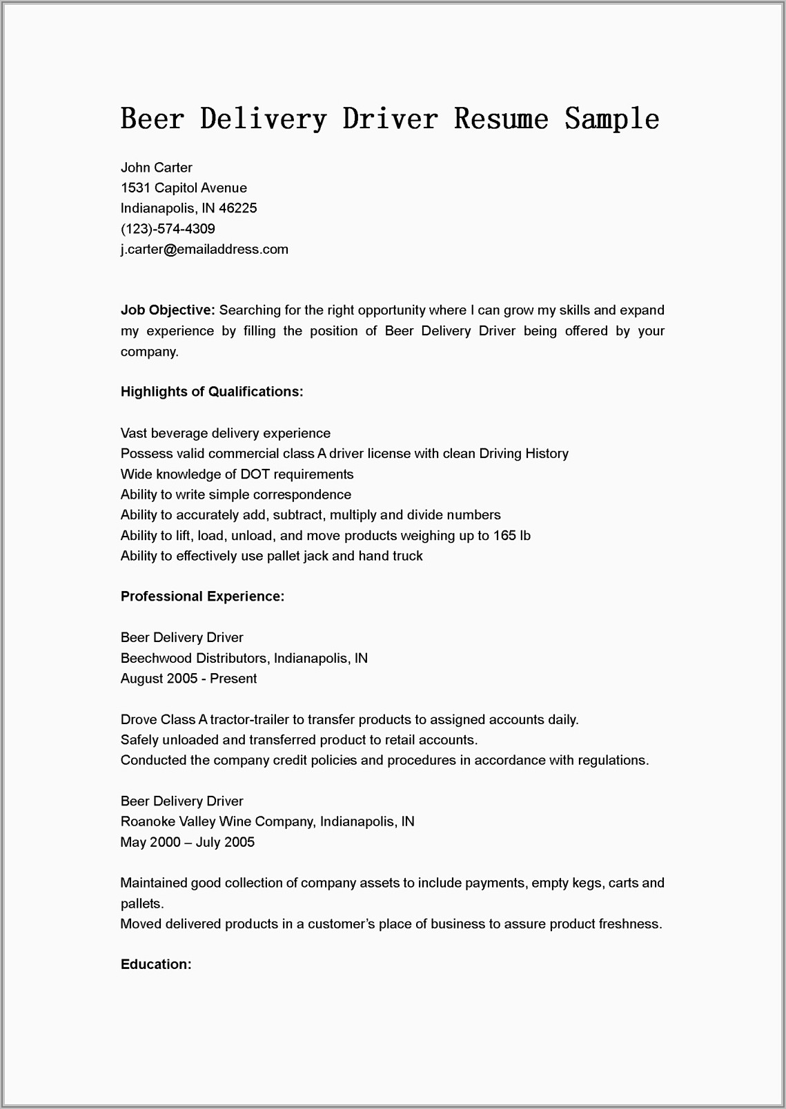 Sample Resume For Truck Driver In Canada