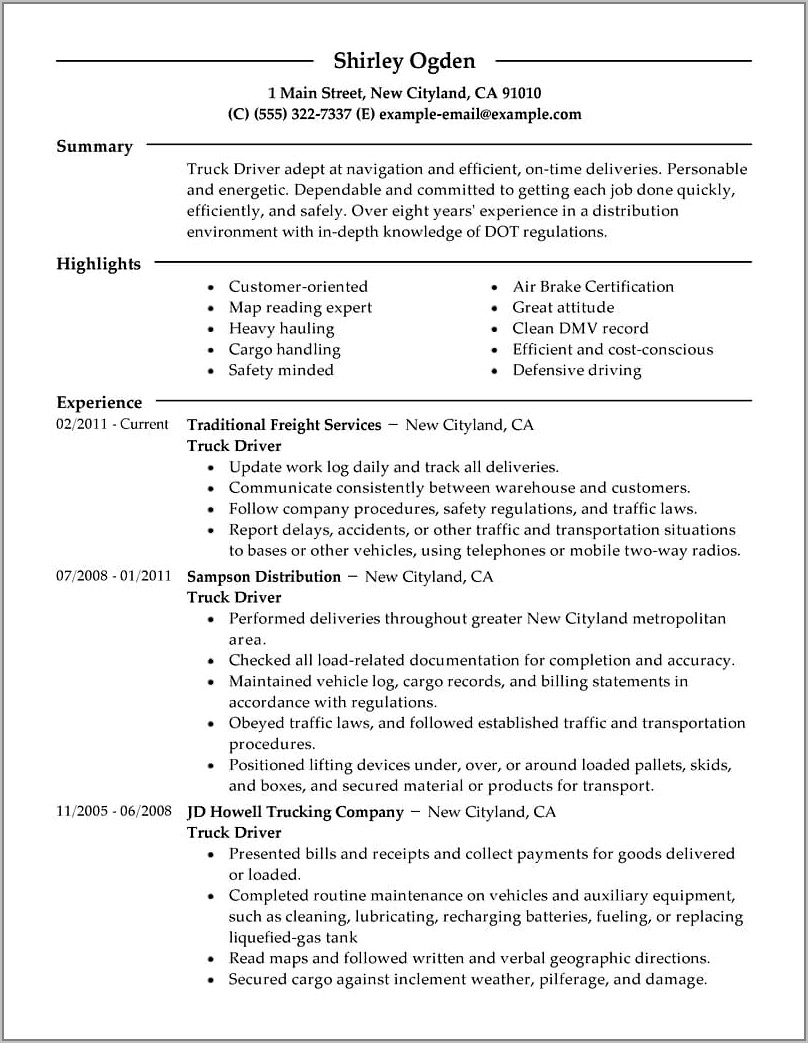 Sample Resume For Truck Driving Job