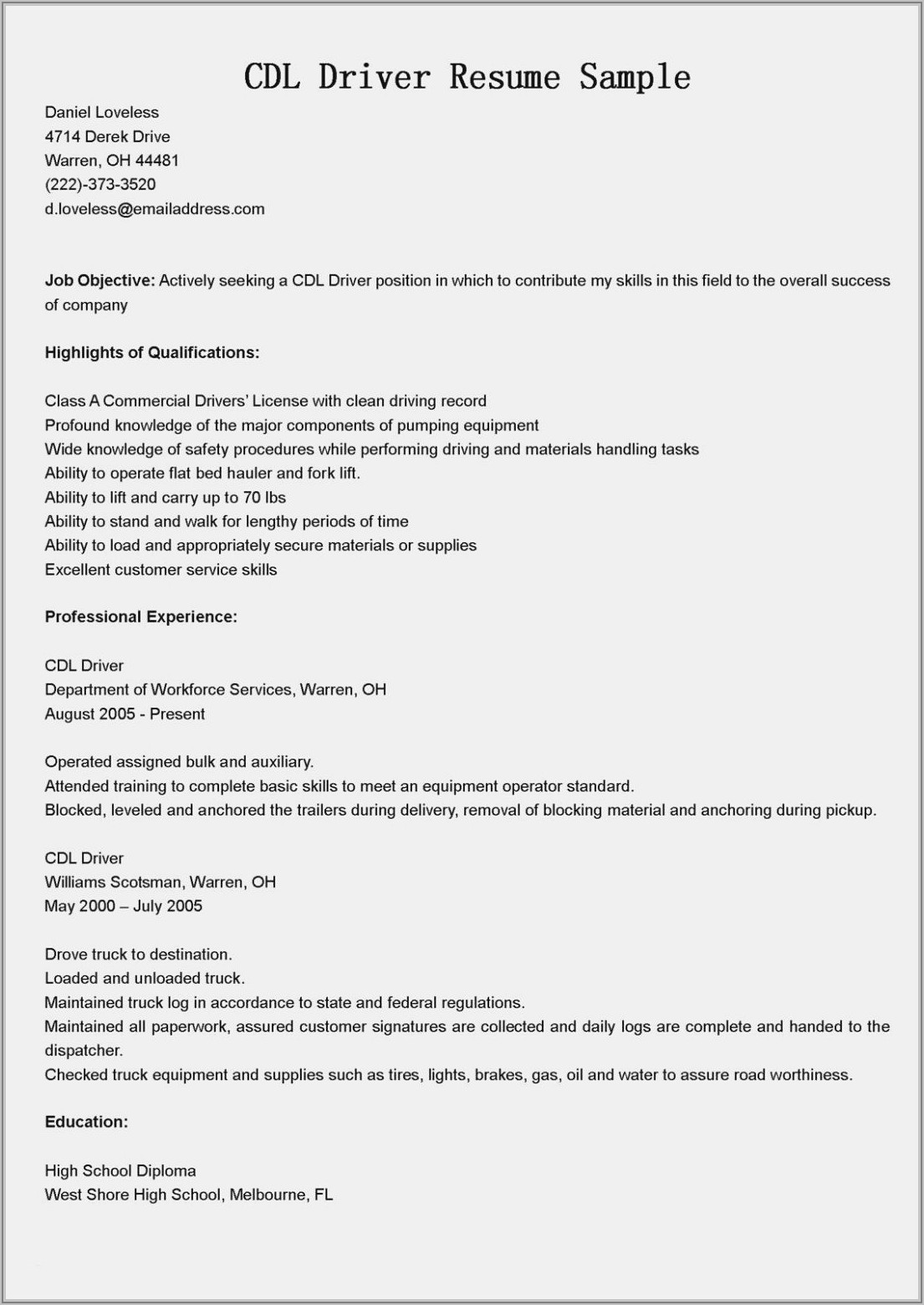 Sample Resume For Truck Driving Position