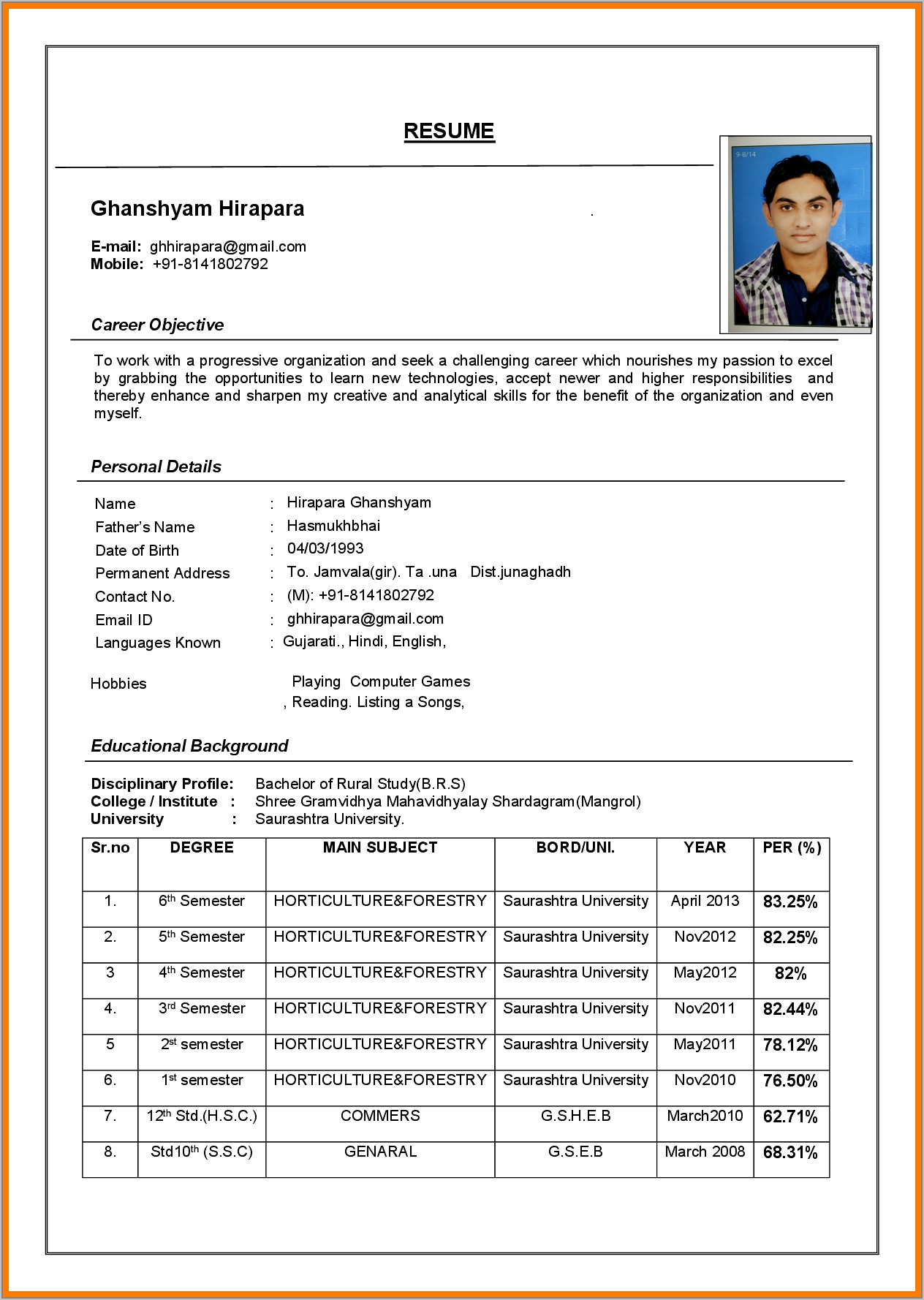 Sample Resume Format Doc Download