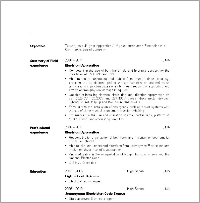 Sample Resume Format For Electrical Technician