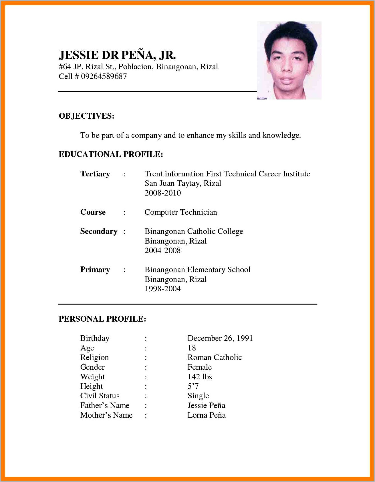 Sample Resume Format For Job Abroad