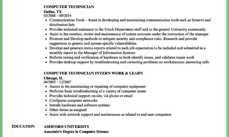 Sample Resume Of Computer Technician