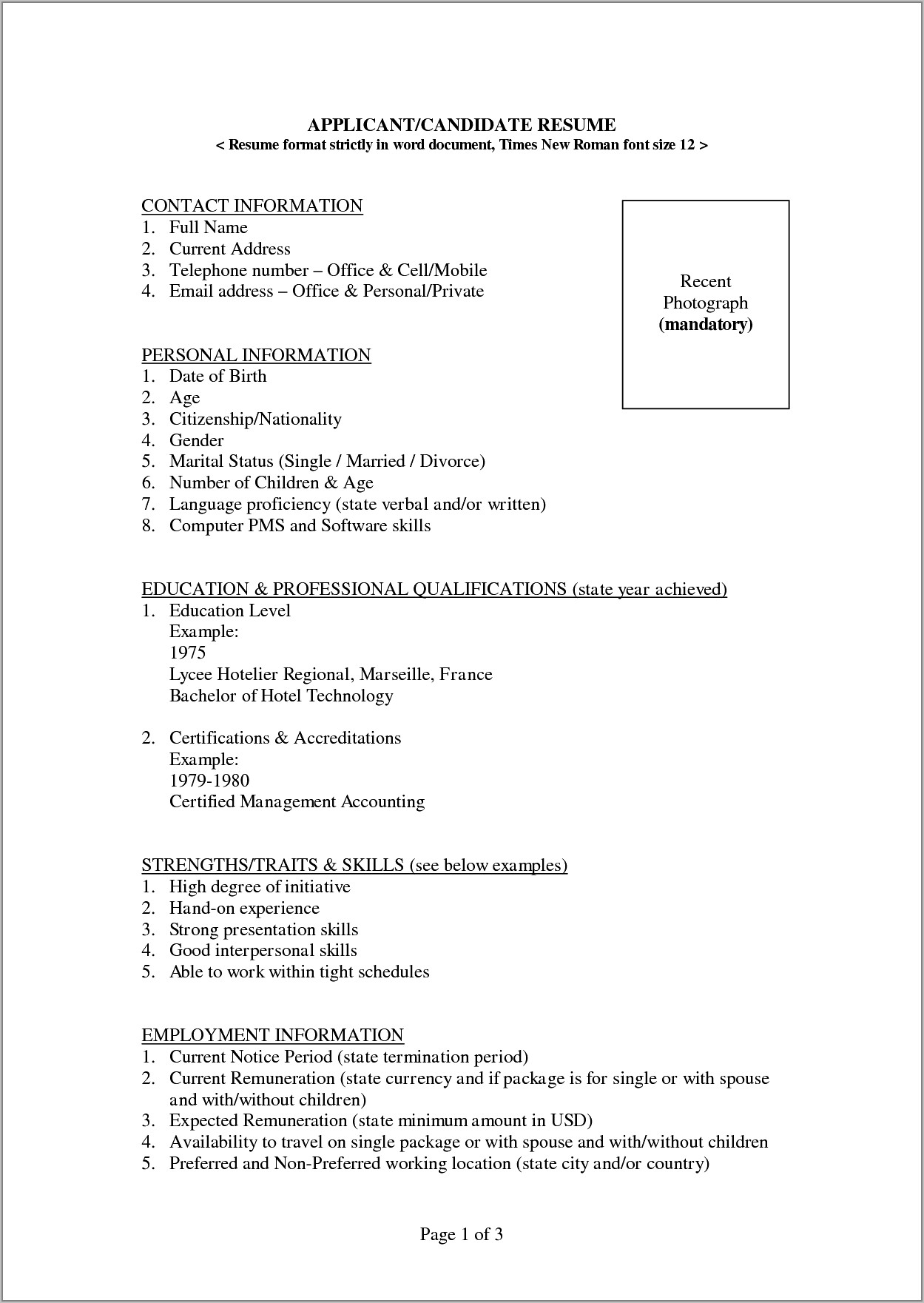 Sample Resume Word Format Download