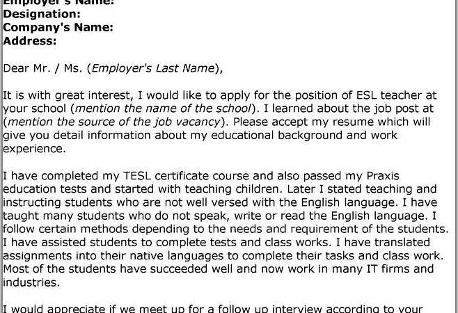 Sample Teacher Cover Letter For Resume