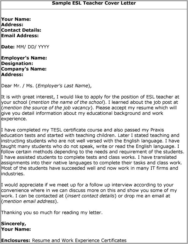 Sample Teacher Cover Letter For Resume