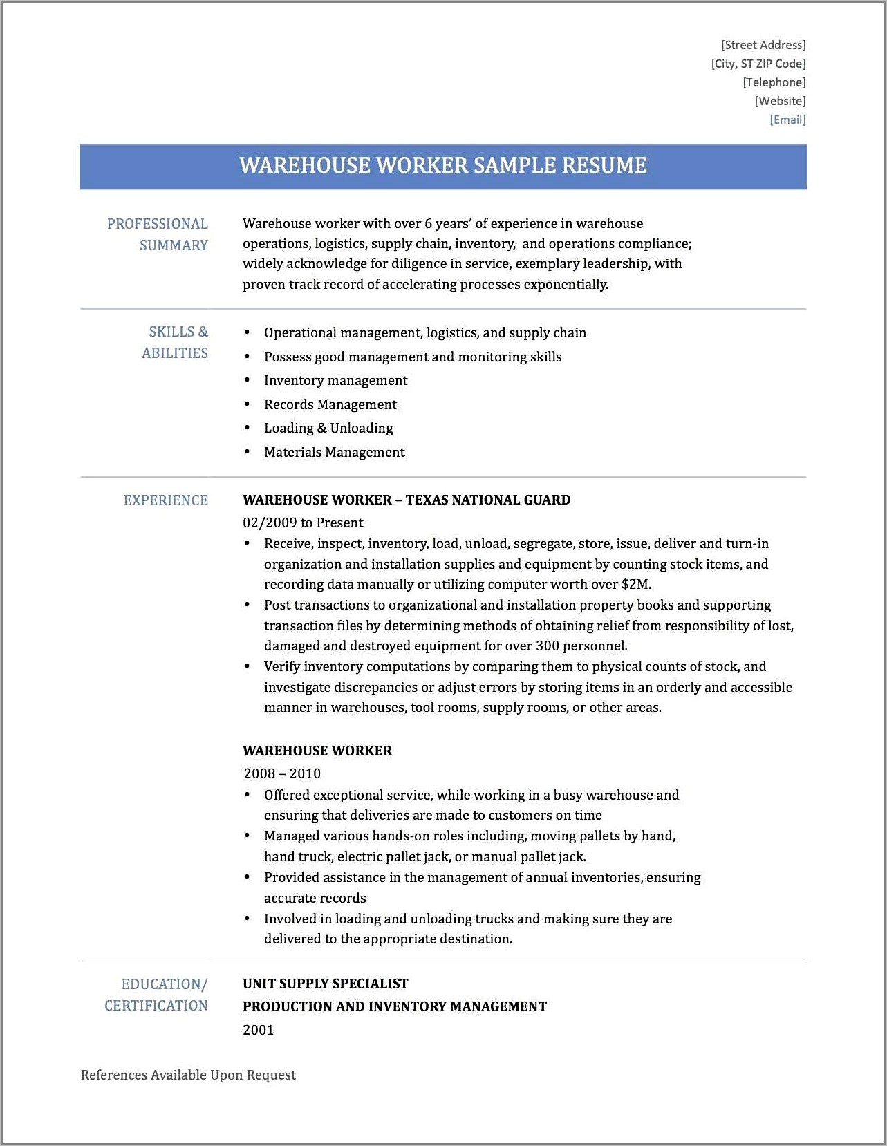 Sample Warehouse Resume Skills