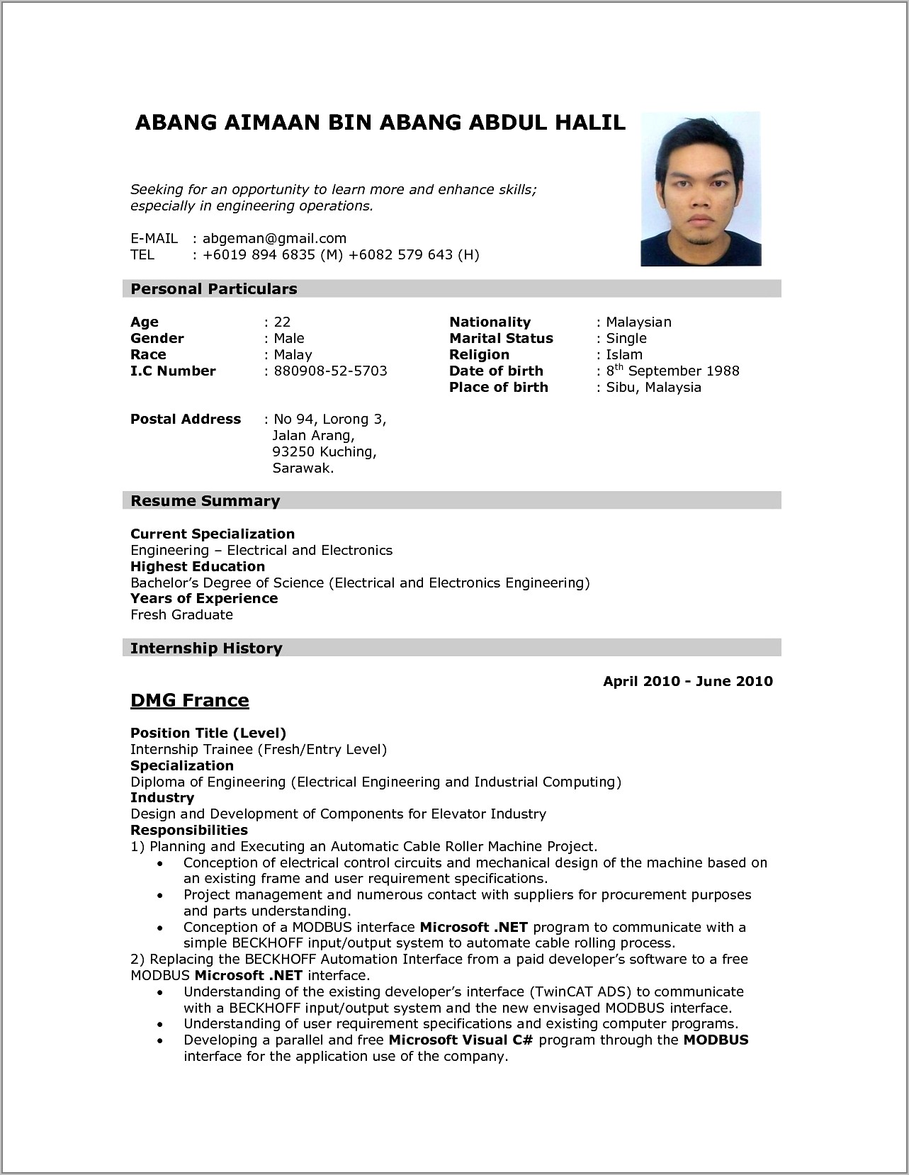 Samples Of Resume For Job Application