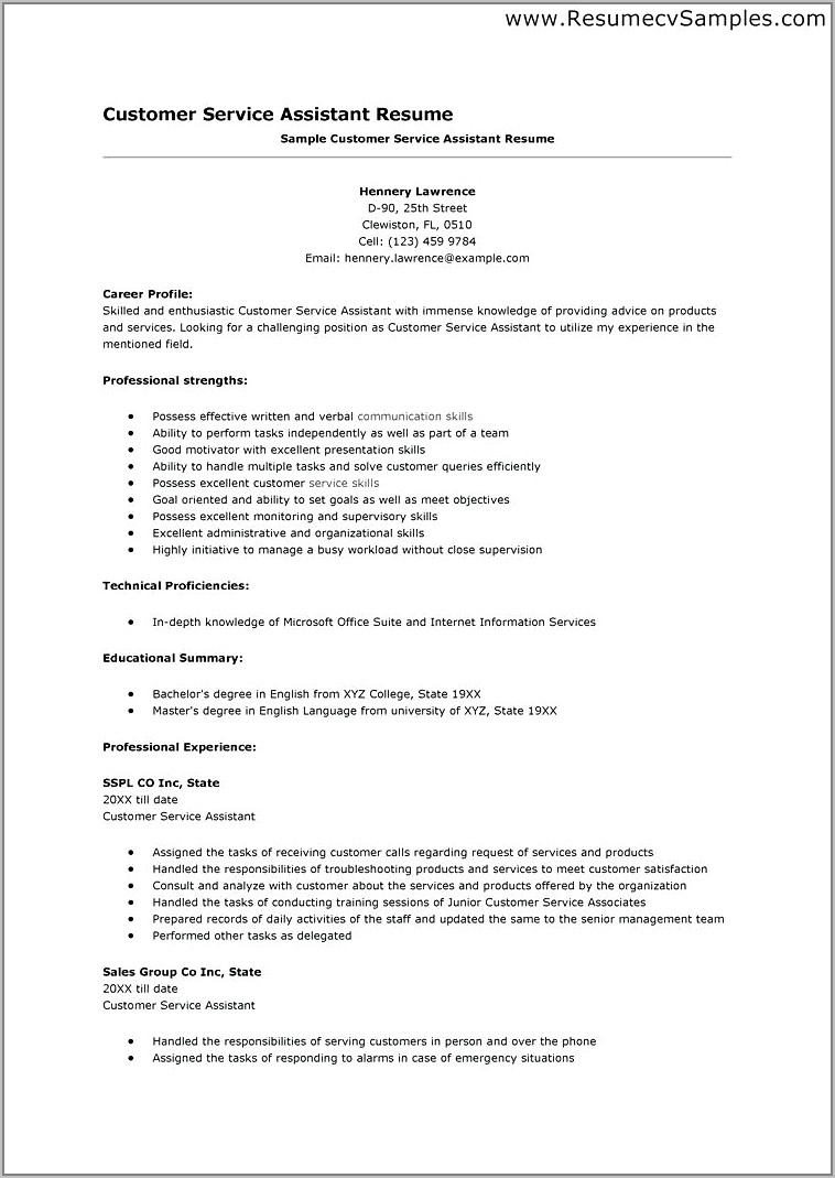 Samples Of Resume Objectives For Customer Service
