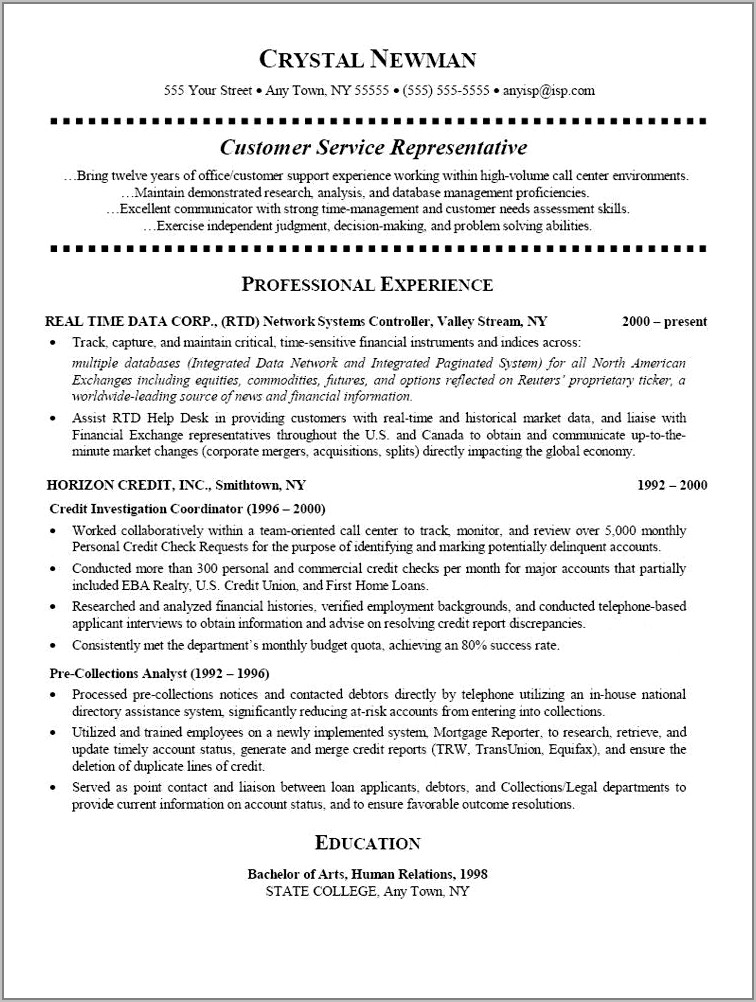 Samples Of Resumes For Customer Service Representative