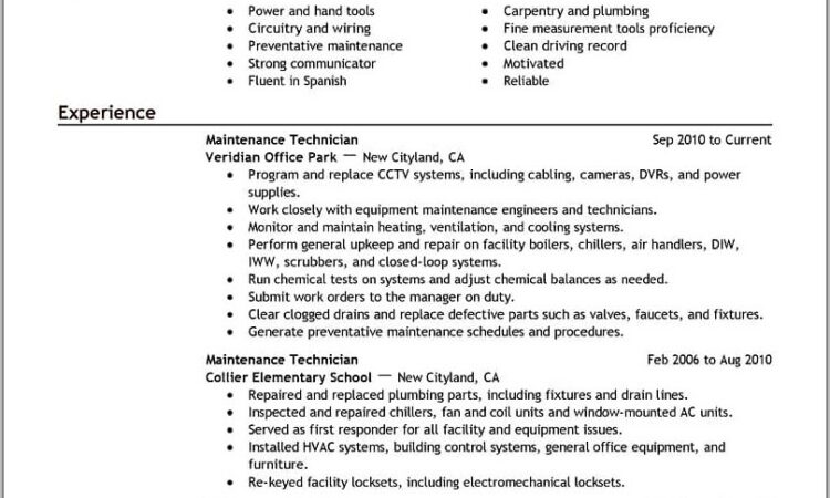 Samples Of Resumes For Maintenance Jobs