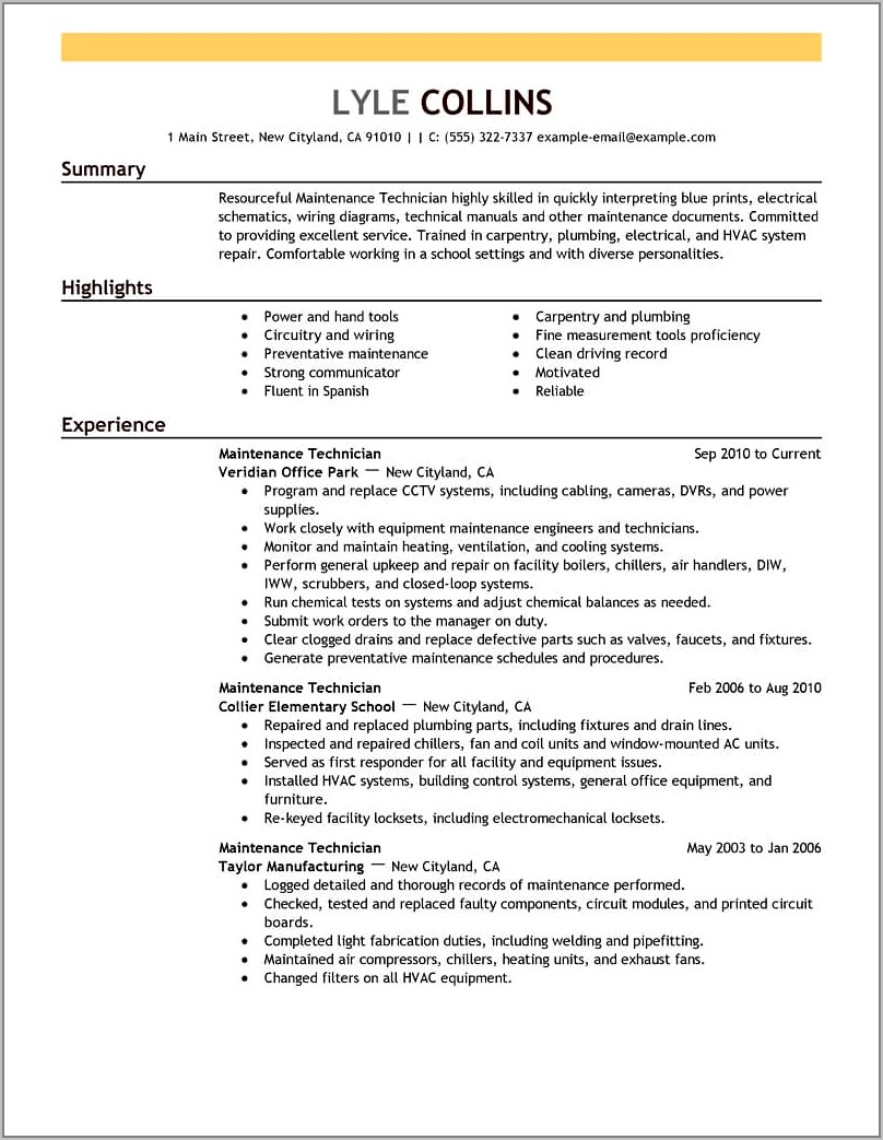 Samples Of Resumes For Maintenance Jobs
