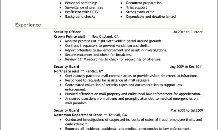 Security Guard Resume Format In Word