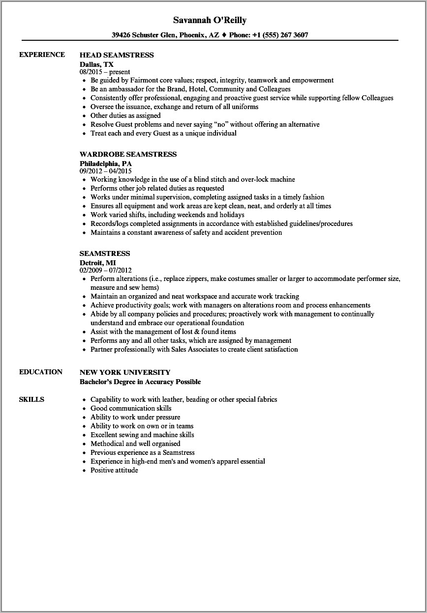 Sewing Machine Operator Resume Sample