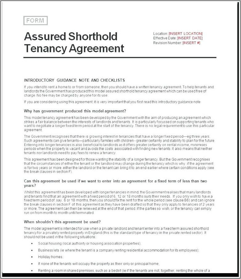 Shorthold Tenancy Agreement Form Pdf