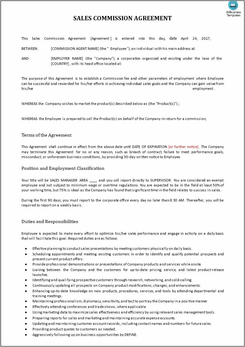 Simple Commission Agreement Template Word