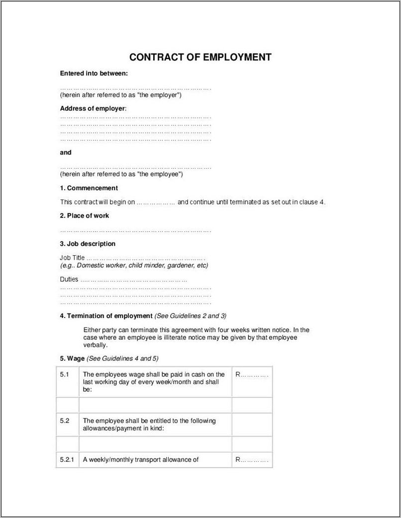Simple Employment Contract Template South Africa