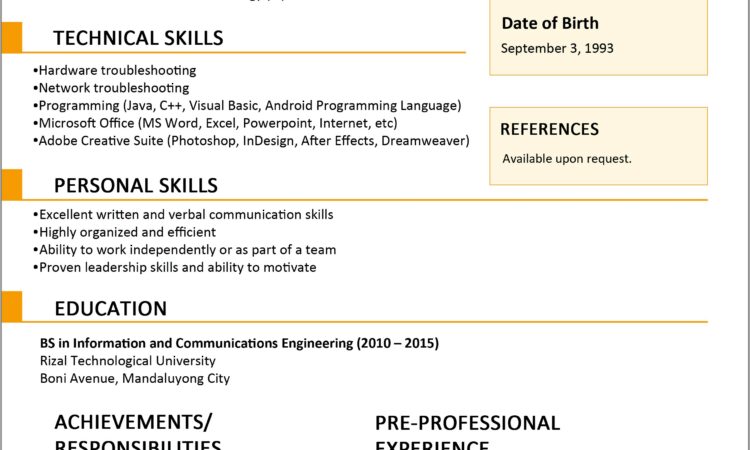 Simple Resume Format For Freshers Word File