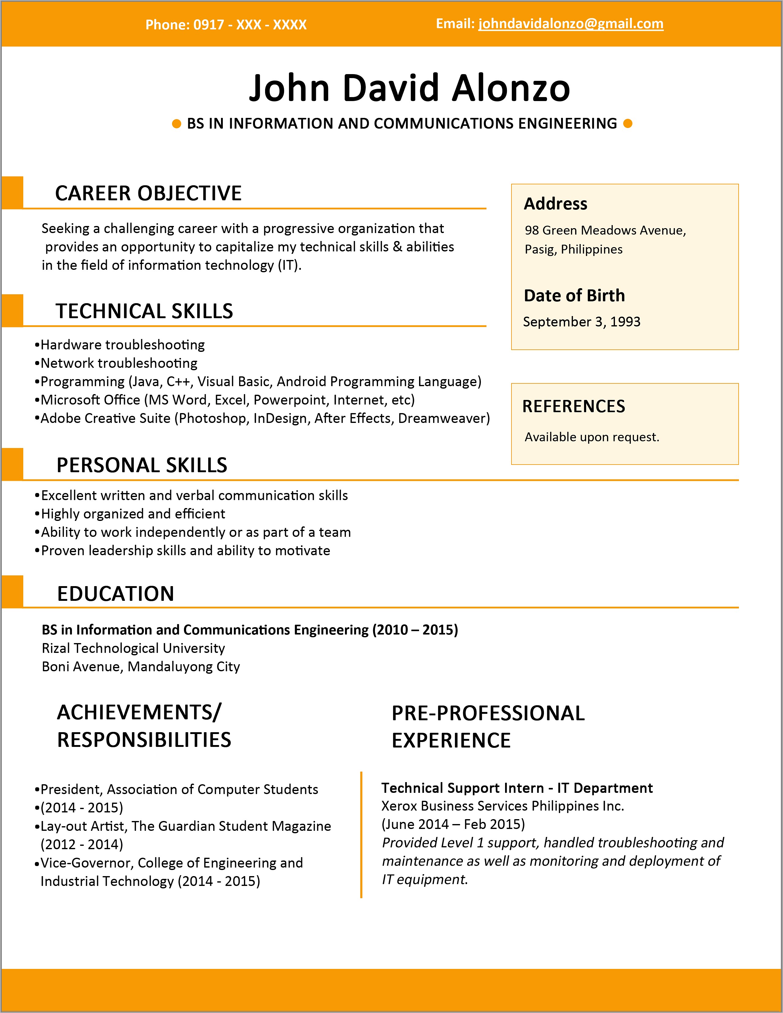 Simple Resume Format For Freshers Word File
