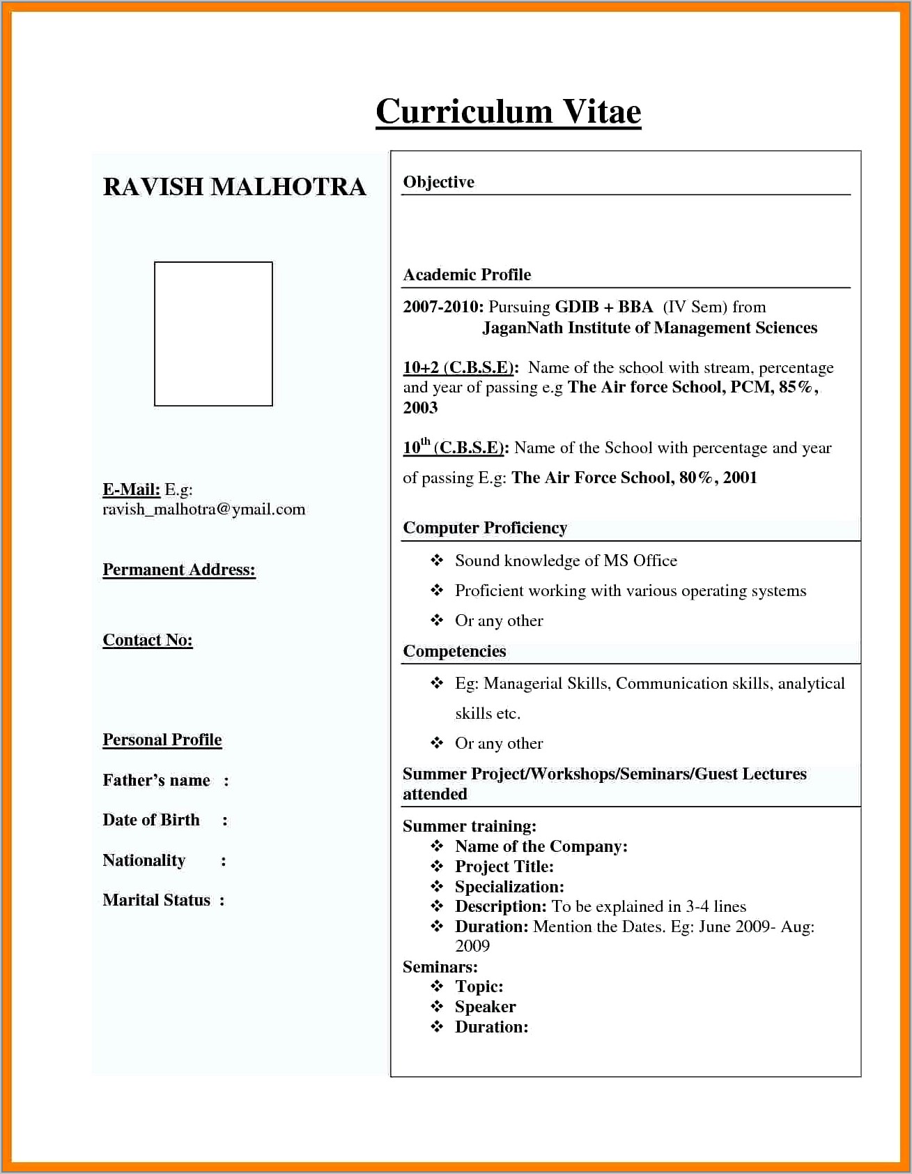 Simple Resume Format Pdf For Freshers