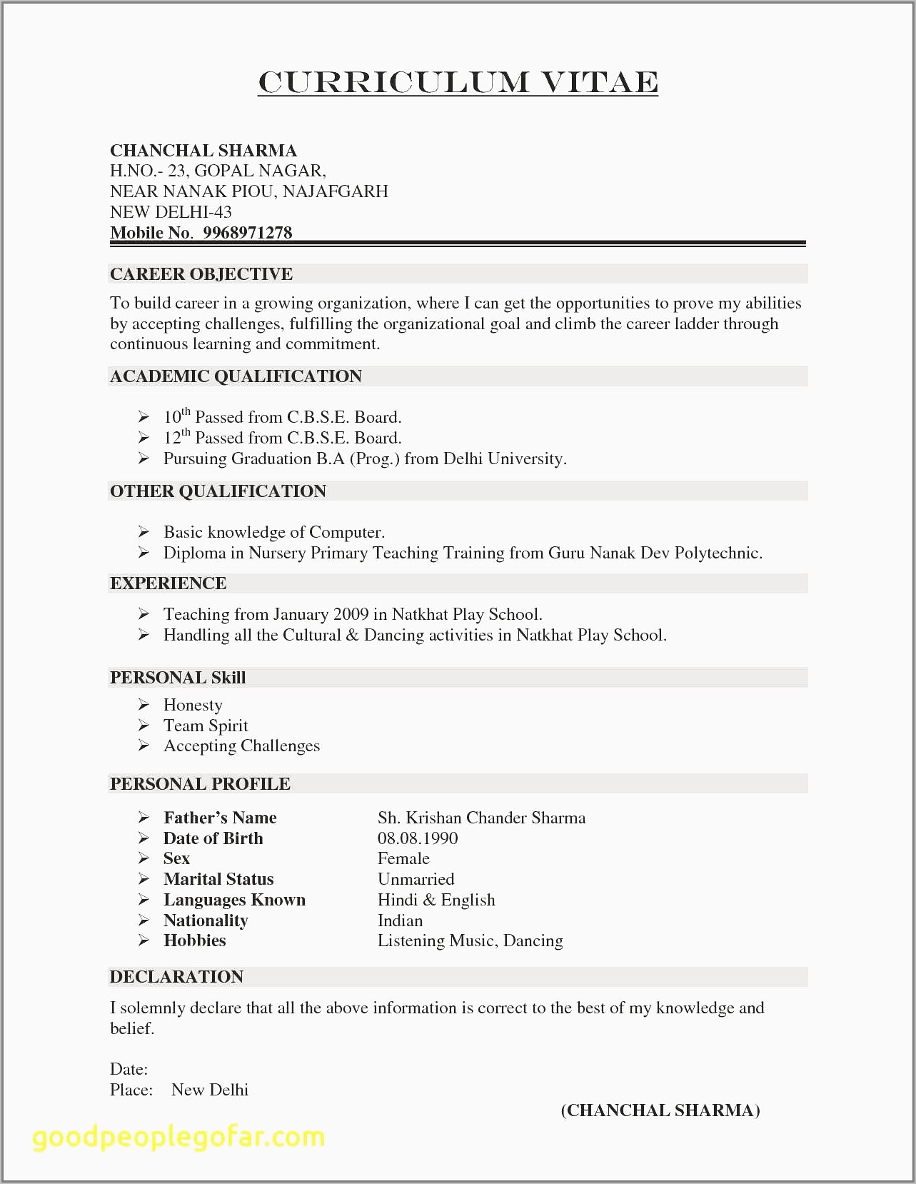 Simple Resume Format Sample For Students