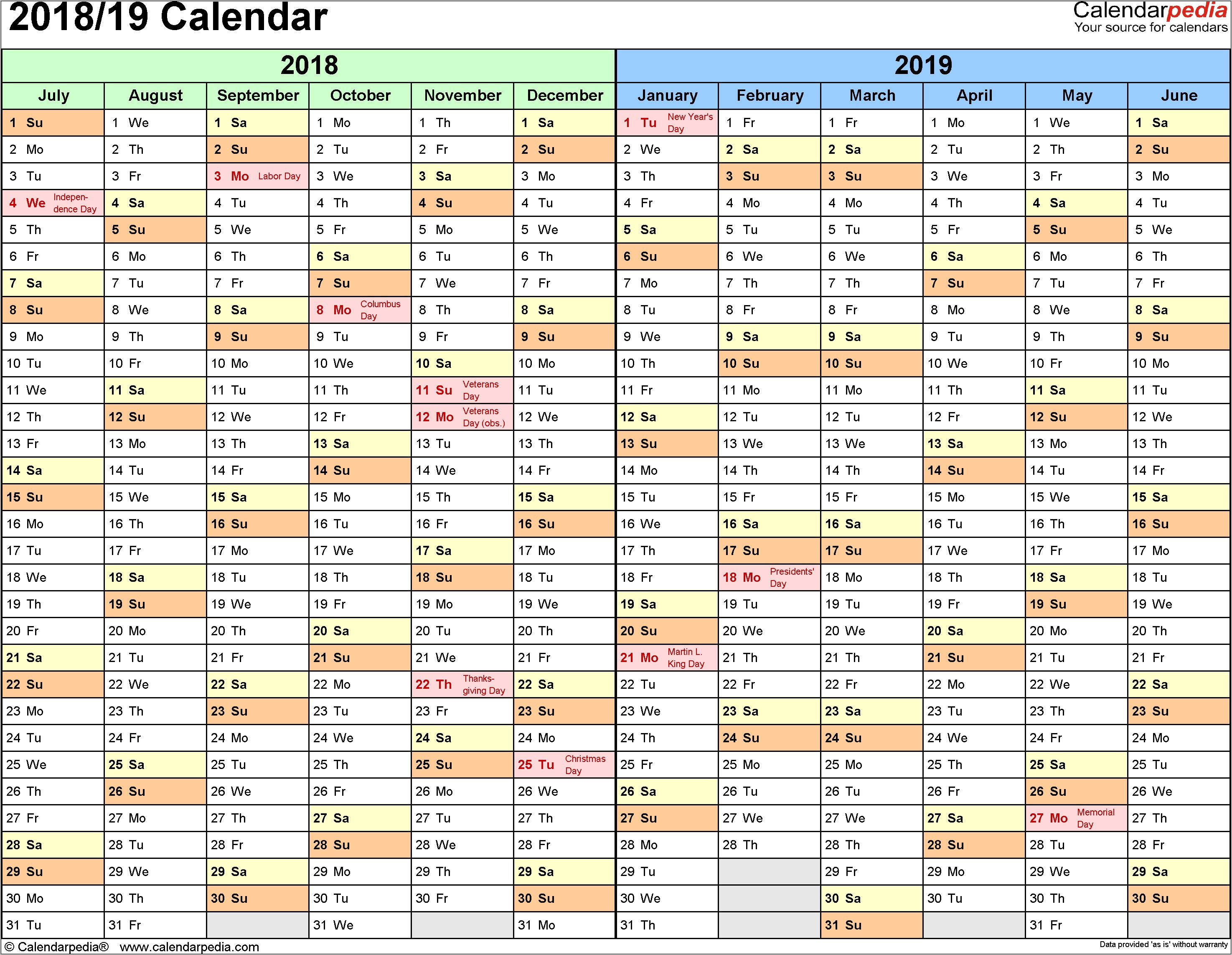 Summer Vacation Calendar Template 2018