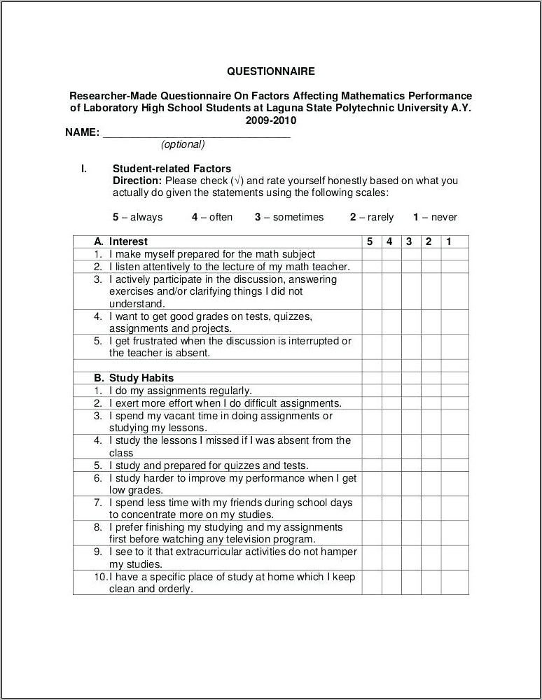 Survey Questionnaire Format For Thesis