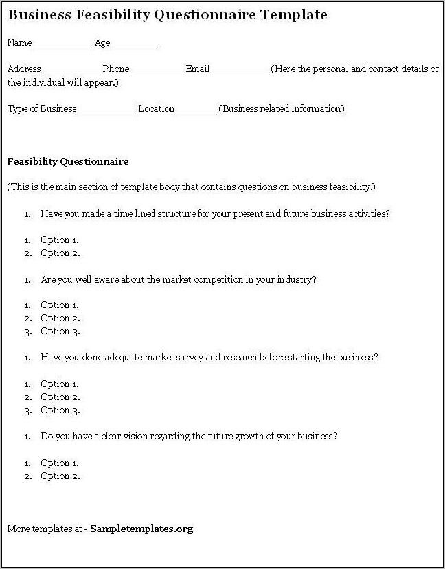 Survey Questionnaire Sample For Feasibility Study