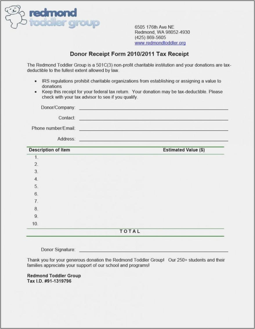 Tax Donation Receipt Form