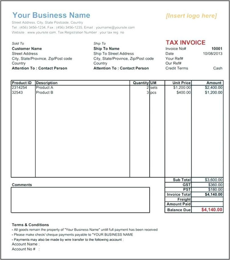 Tax Invoice Template Word 2003