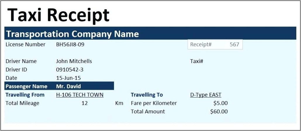 Taxi Receipt Template India