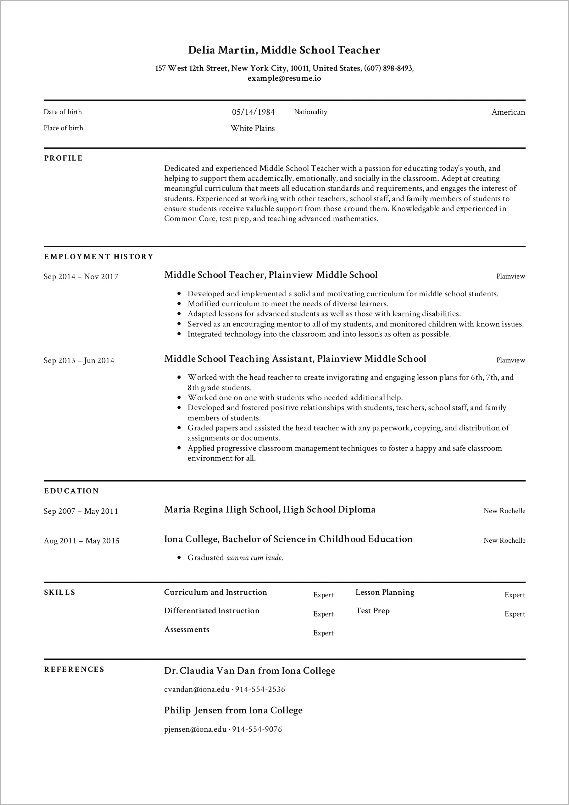 Teacher Resume Template Free