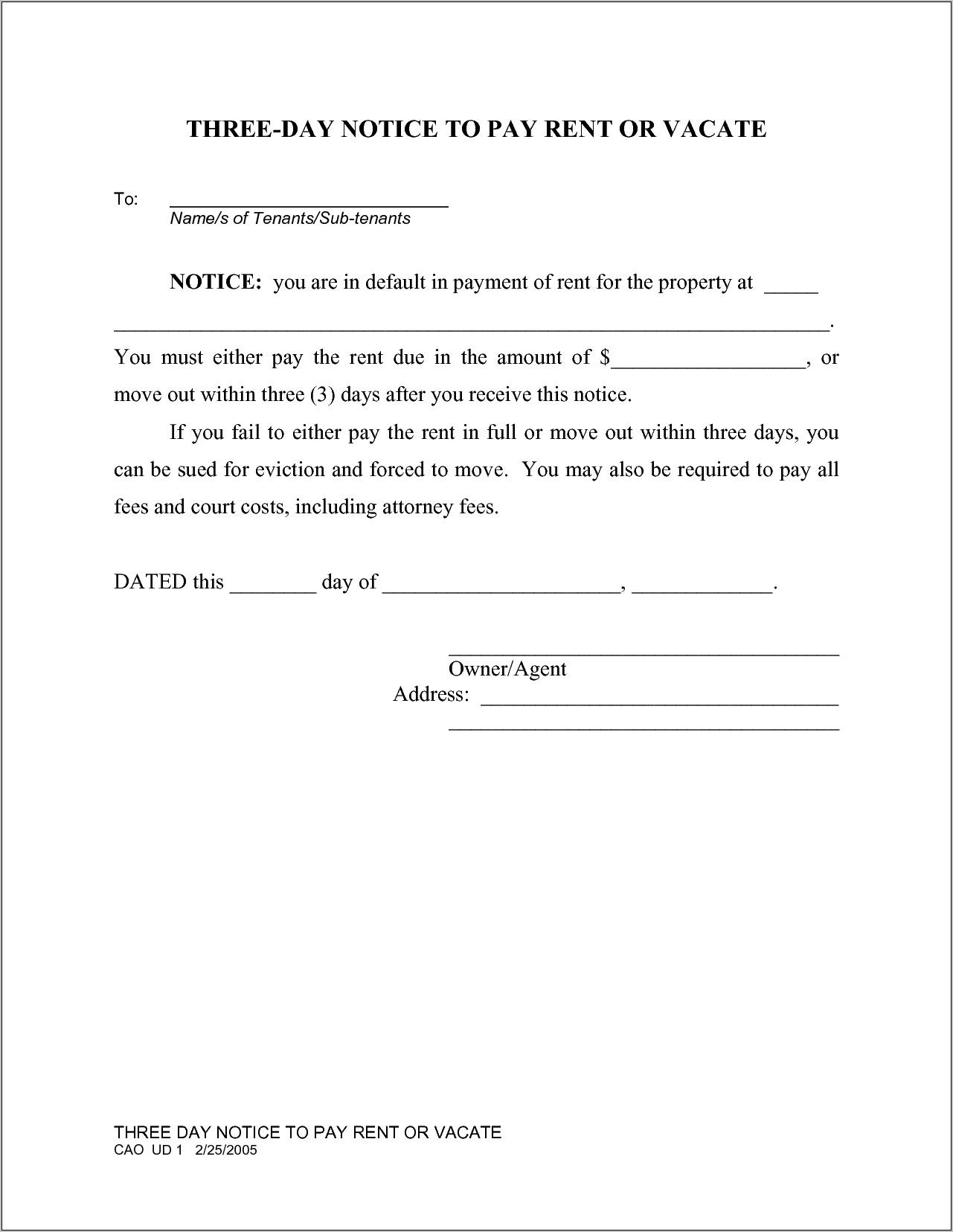 Template For 30 Day Notice To Vacate